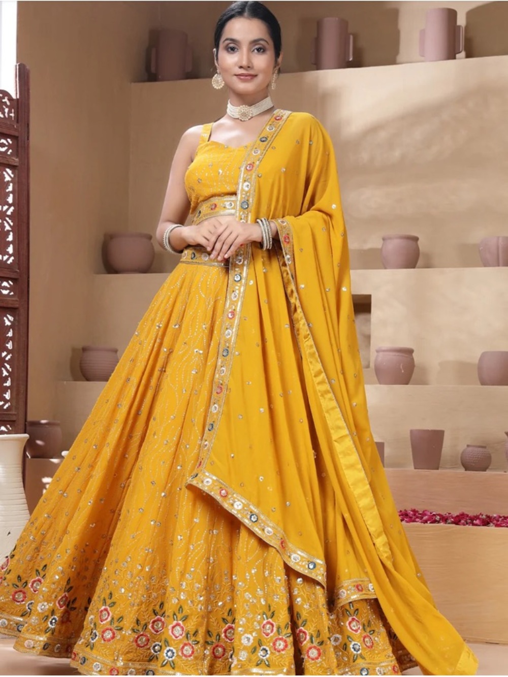 Marigold Lehenga Choli with Floral Border